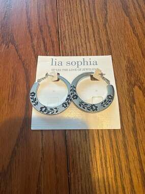 Lia Sophia Garland Silver Tone Black Floral Enamel Hoop Earrings